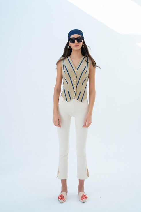 V NECK GOLD BUTTON DETAILS CROP VEST - Barrus London